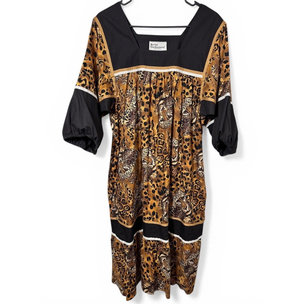 Vintage Krist Gudnason‎ California Leopard Jaguar Print Cotton Kaftan Dress SZ M